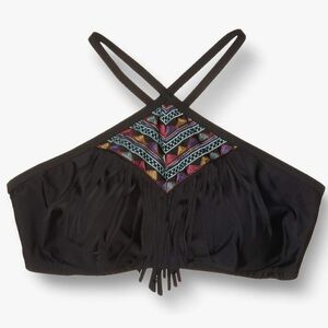 Costa del Sol Black Fringe & Embroidery Halter Neck Bandeau Bikini Top Sz 0X NWT